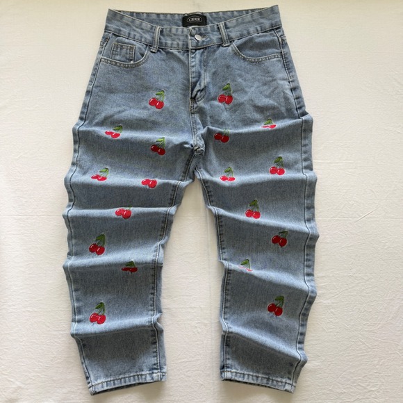 Cider Denim - Cider Straight Leg Jeans Women M Light Blue Excellent Cherry Embroidered Y2K